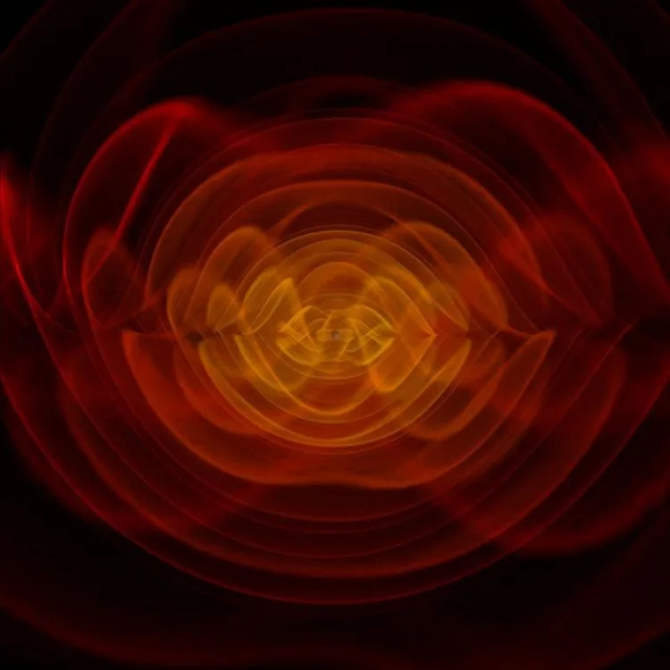 A series of orange, red, and yellow wavy lines and circles against a black background