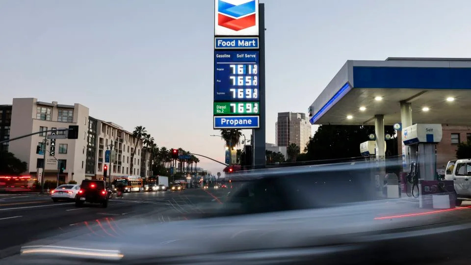 High gas prices are displayed at a downtown Chevron station in Los Angeles, on March 3, 2026. - Mario Tama/Getty Images