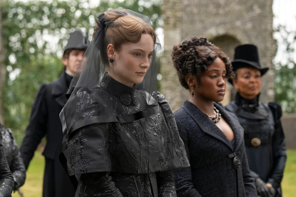 Liam Daniel/Netflix - PHOTO: Hannah Dodd as Francesca Bridgerton, Masali Baduza as Michaela Stirling, Adjoa Andoh as Lady Danbury in episode 407 of "Bridgerton."