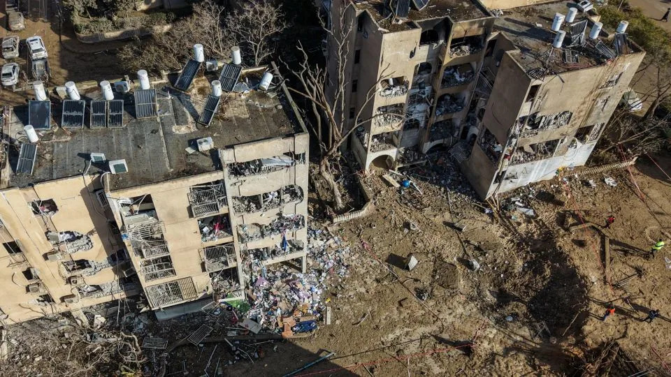 A drone view shows a crater in a residential neighborhood, following a night of Iranian missile strikes which injured dozens of Israelis in Arad, southern Israel, on March 22. - Dedi Hayun/Reuters