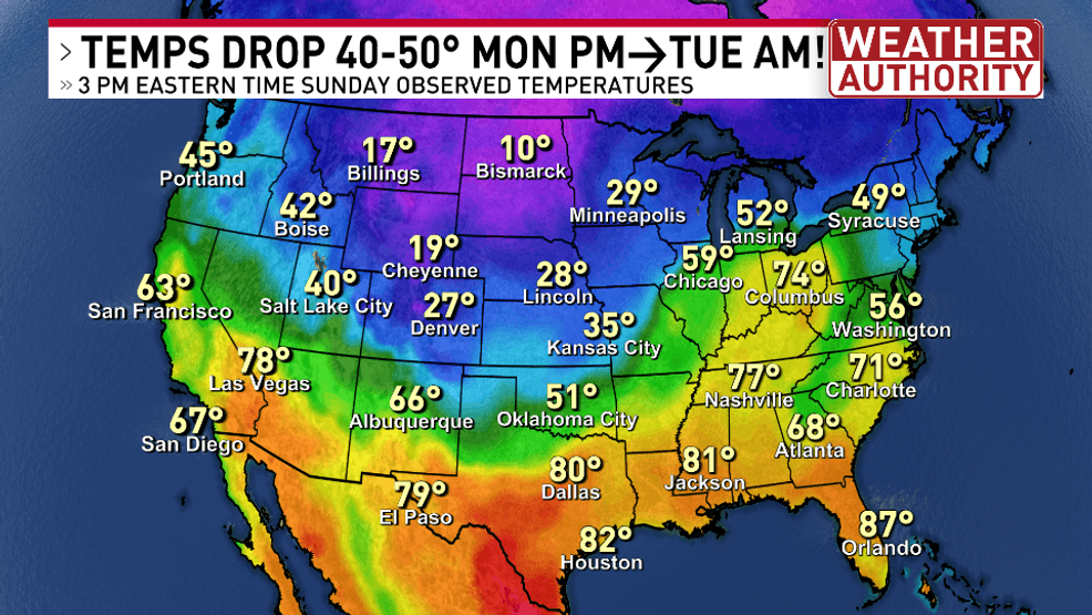 DRAMATIC TEMPERATURE CHANGE MONDAY TO TUESDAY