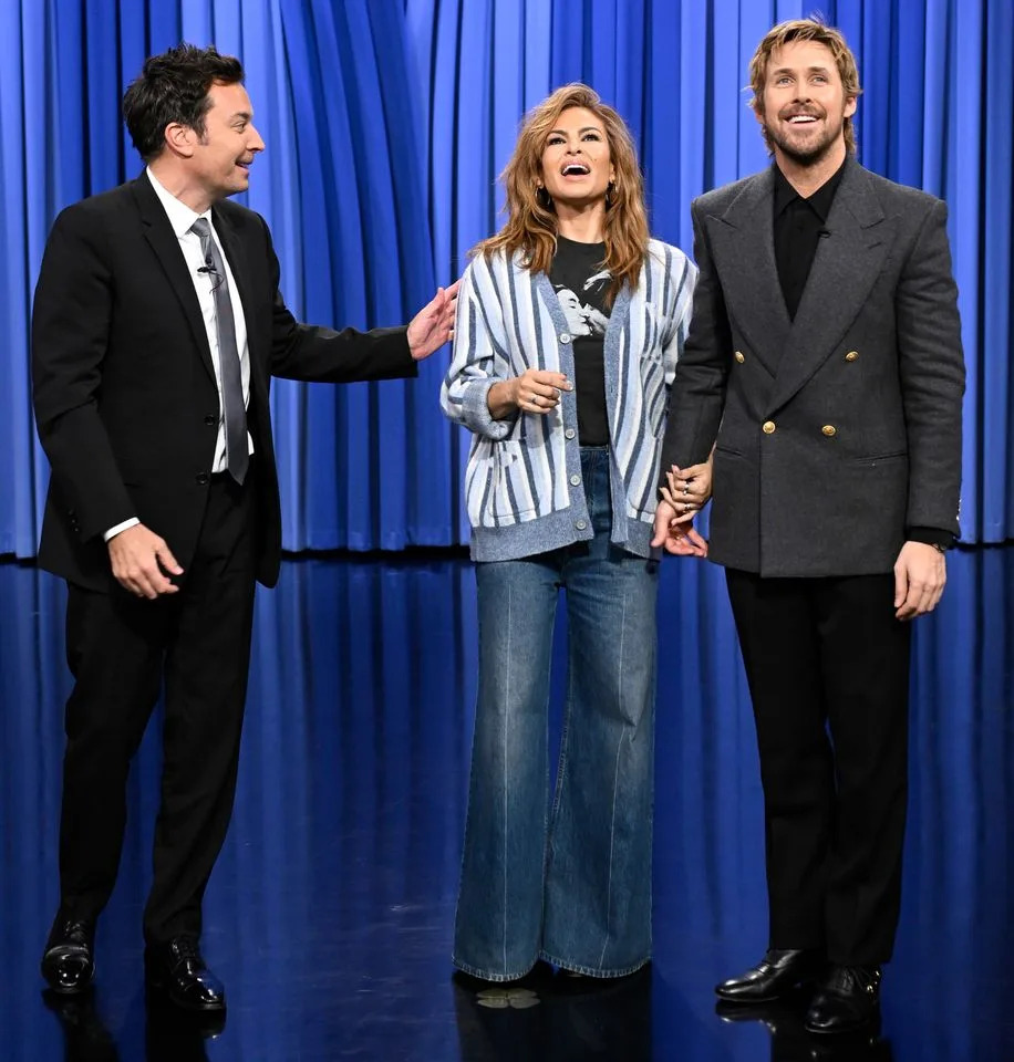 Host Jimmy Fallon, actress Eva Mendes, and actor Ryan GoslingCredit: Todd Owyoung/NBC via Getty
