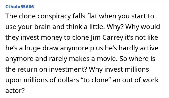 Screenshot of a user comment discussing Jim Carrey’s new face and theories about the actor’s sadness and career activity.