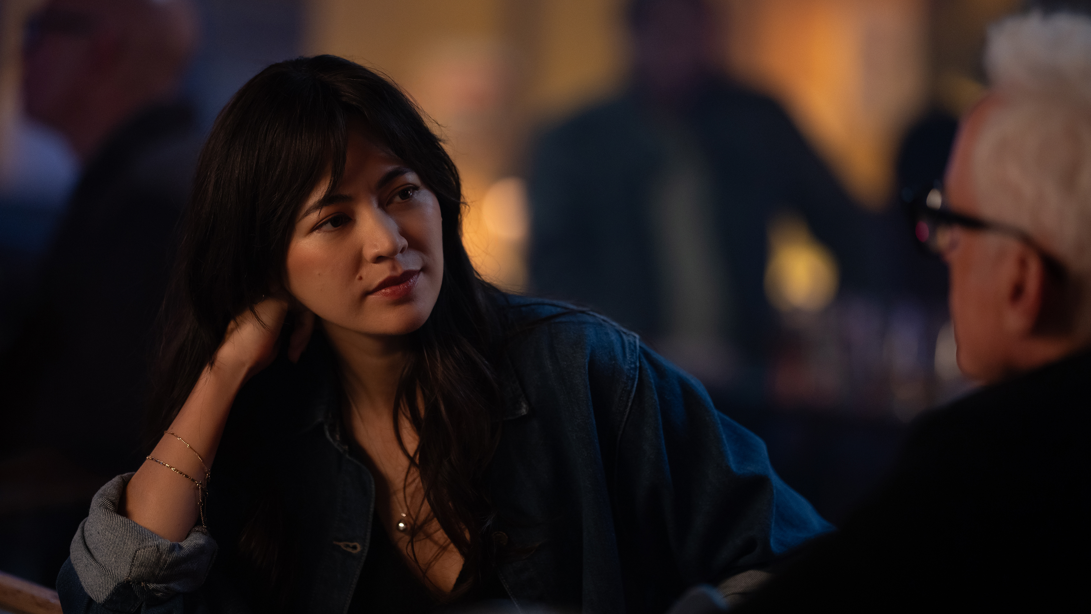 Jessica Henwick as Cynthia and John Slattery as John sitting at a bar together in Episode 104 of Vladimir