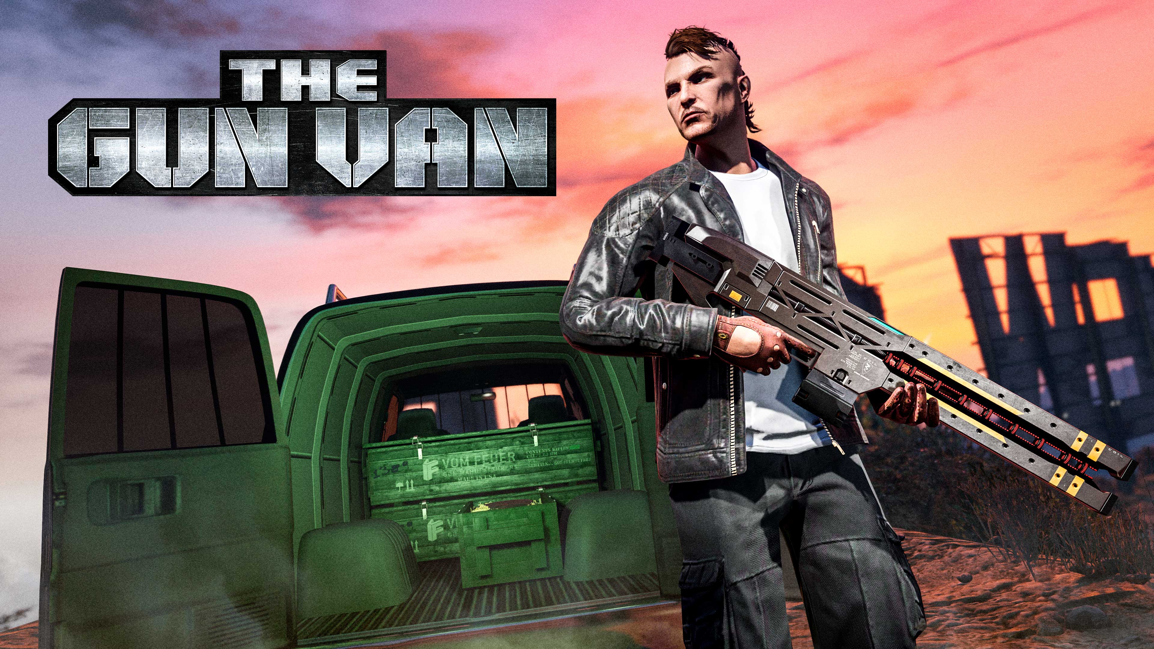 GTA Online Gun Van image with a male character holding a railgun in front of the gun van. The character has a mohawk hairstyle and is wearing a black leather jacket and jeans. The truck's door is open, revealing the interior. The text "THE GUN VAN" is visible in the top left corner. The background shows a sunset sky with the back of the Vinewood sign in the background.