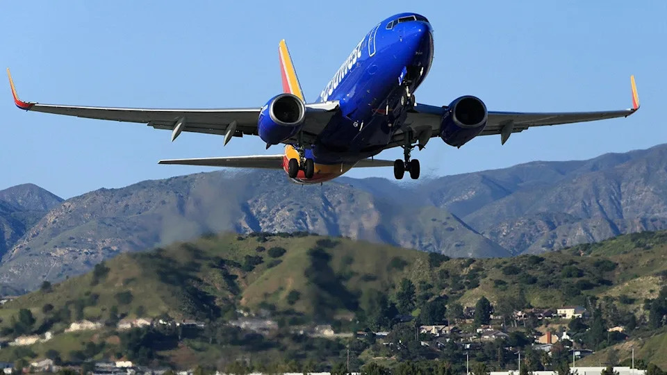 A Southwest Airlines plane taking off from Hollywood Burbank Airport.