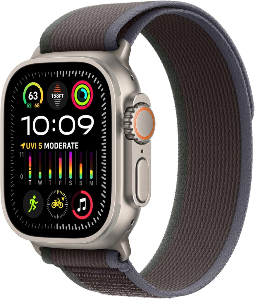 Apple Watch Ultra 2 with a gray and green alpine loop band, displaying time, activity rings, compass, depth, and UV index.