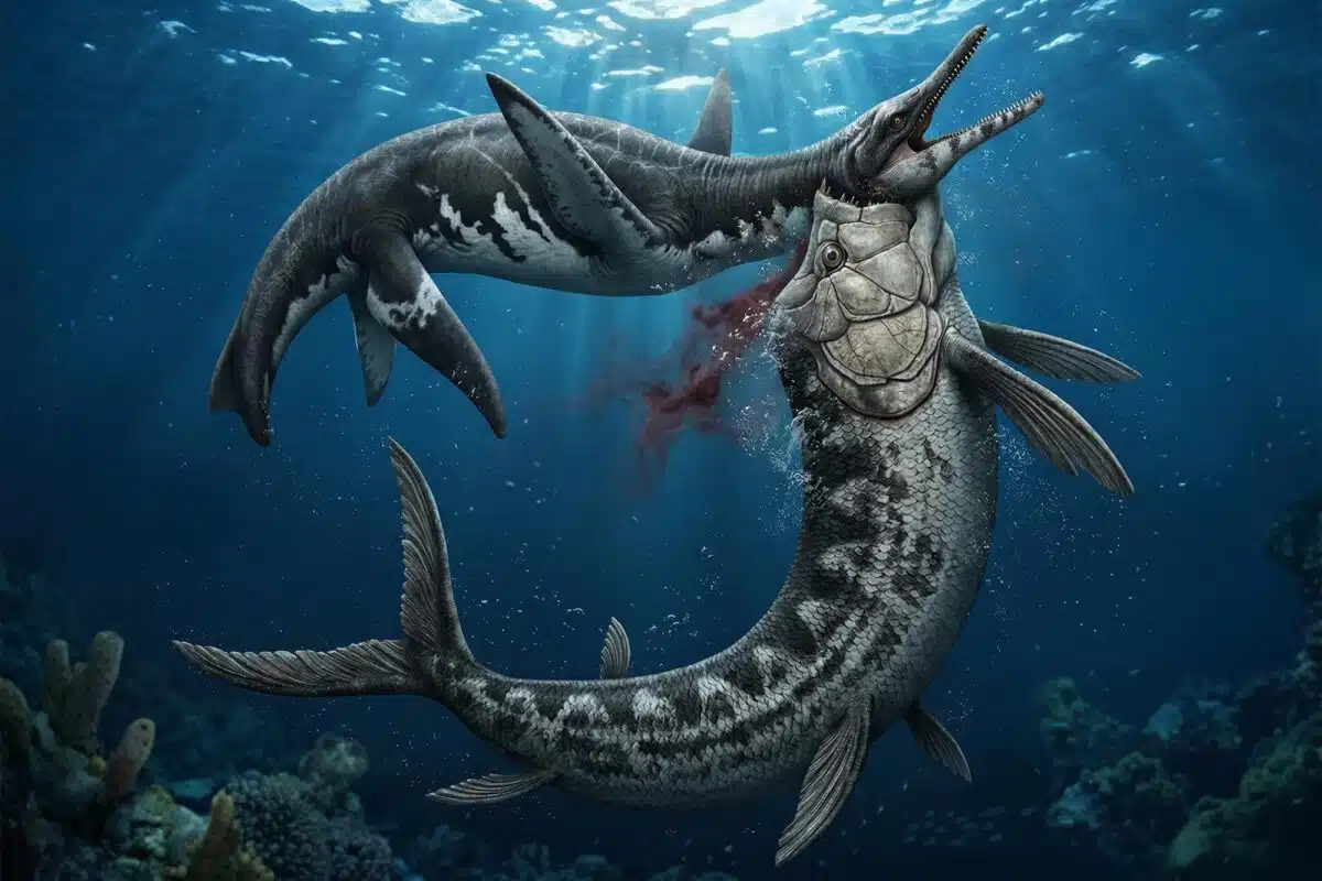 Artist’s View Of A Deadly Clash Between Polycotylus And Xiphactinus In The Cretaceous Seas.