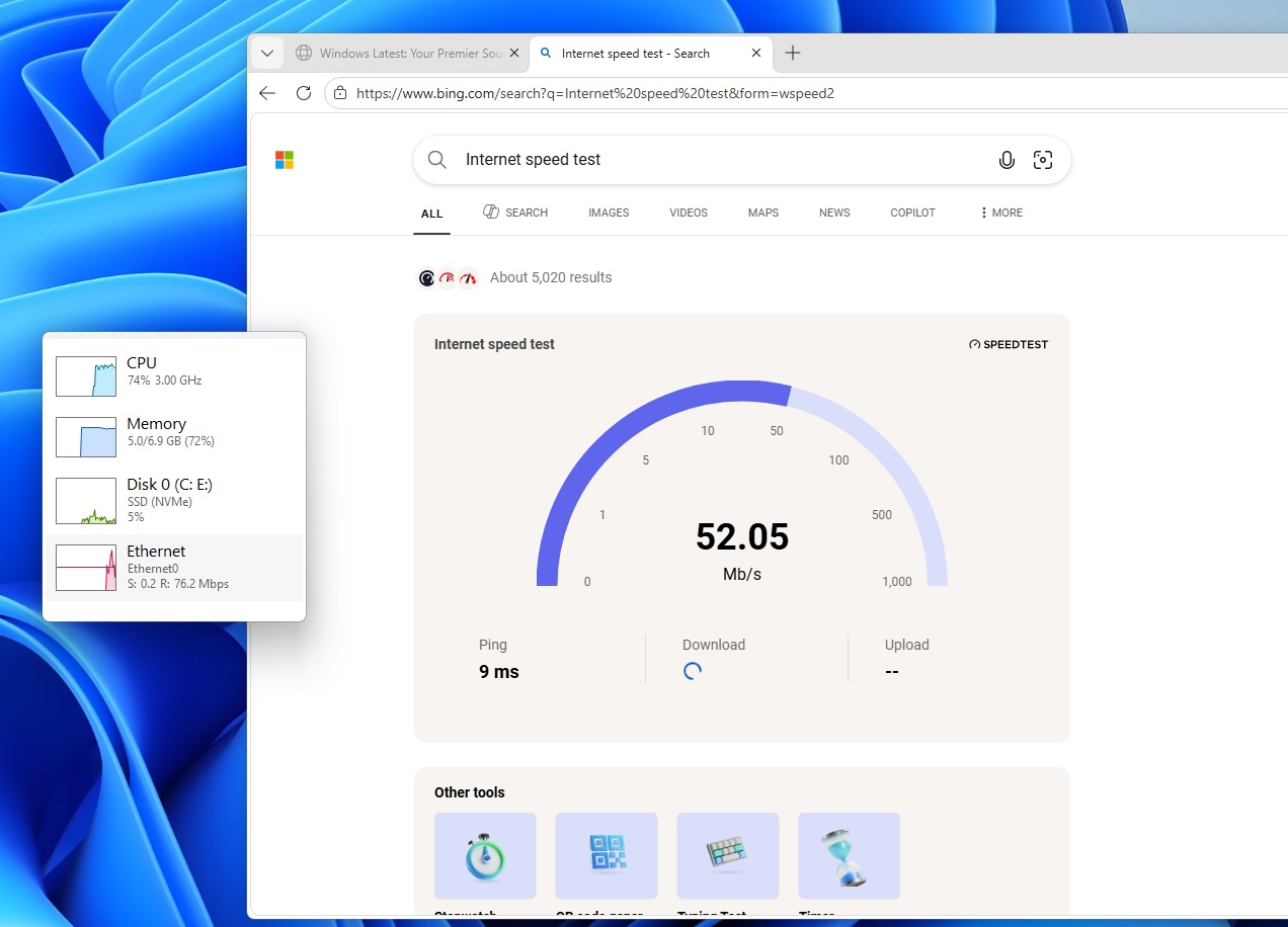 Bing internet speed test tool on Windows 11