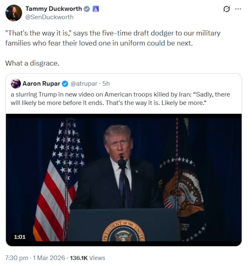 Tammy Duckworth's post about Trump's comments.