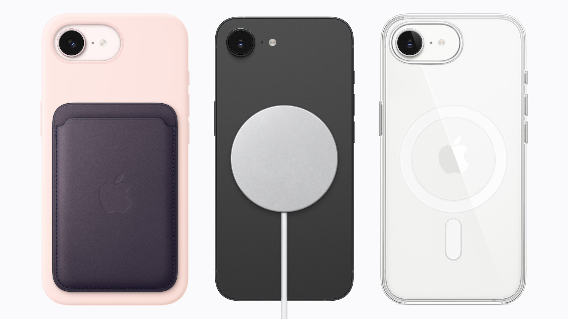Three iPhone 17e models in pink, black, and white are shown from the back, demonstrating MagSafe compatibility with a leather wallet, a magnetic charger, and a clear case.