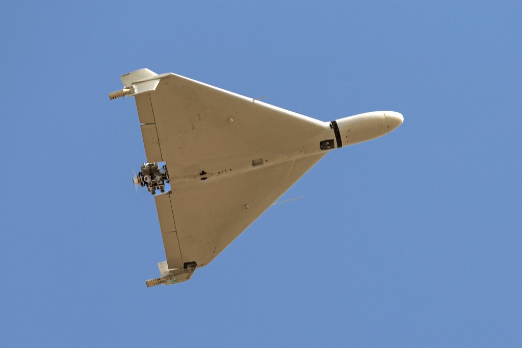 Iranian-made Shahed-136 'Kamikaze' drone flies over the sky of Kermanshah, Iran on March 7, 2024. Iran fired over 100 drones and ballistic missiles on Saturday, April 13, 2024, in retaliation to an attack on a building attached to the country's consular annex in Damascus that killed the guards, and two generals of the Quds Force of Iran's Islamic Revolutionary Guard Corps (IRGC) on April 01, 2024. Iran has blamed Israel for the attack on April 5, 2024 in Tehran. (Photo by Anonymous / Middle East Images / Middle East Images via AFP) (Photo by ANONYMOUS/Middle East Images/AFP via Getty Images)