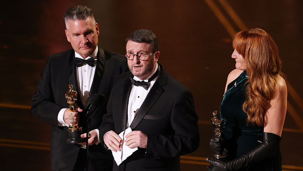 From left: Jordan Samuel, Mike Hill, and Cliona Furey accept the Makeup and Hairstyling award for "Frankenstein" onstage during the 98th Oscars at Dolby Theatre on March 15, 2026 in Hollywood, California.