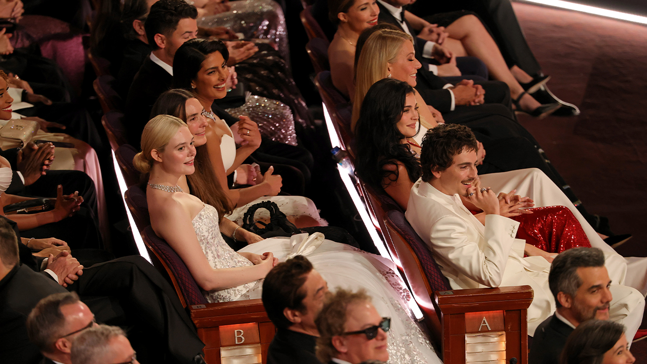 (L-R) Elle Fanning, Nick Jonas, Priyanka Chopra-Jonas, Benicio del Toro, Rose Byrne, Bobby Cannavale, Gwyneth Paltrow, Kylie Jenner, Timothée Chalamet, and Wagner Moura attend the 98th Oscars at Dolby Theatre on March 15, 2026 in Hollywood, California.