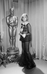 Barbra Streisand with the Oscar she won for Best Actress in Funny Girl. That same year (1969) Katharine Hepburn also won Best Actress, a rare split decision.