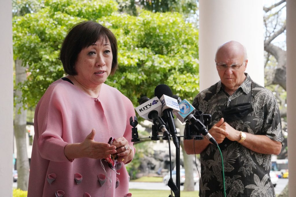 Colleen Hanabusa speaks to media after Mayor Blangiardi announced the appointment of Hanabusa to the HART Board.