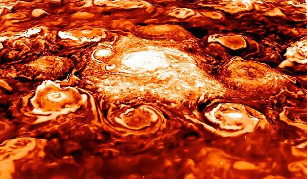 Infrared image of Jupiter's south pole, as seen by NASA's Juno spacecraft. Credit: NASA/JPL-Caltech/SwRI/ASI/INAF/JIRAM