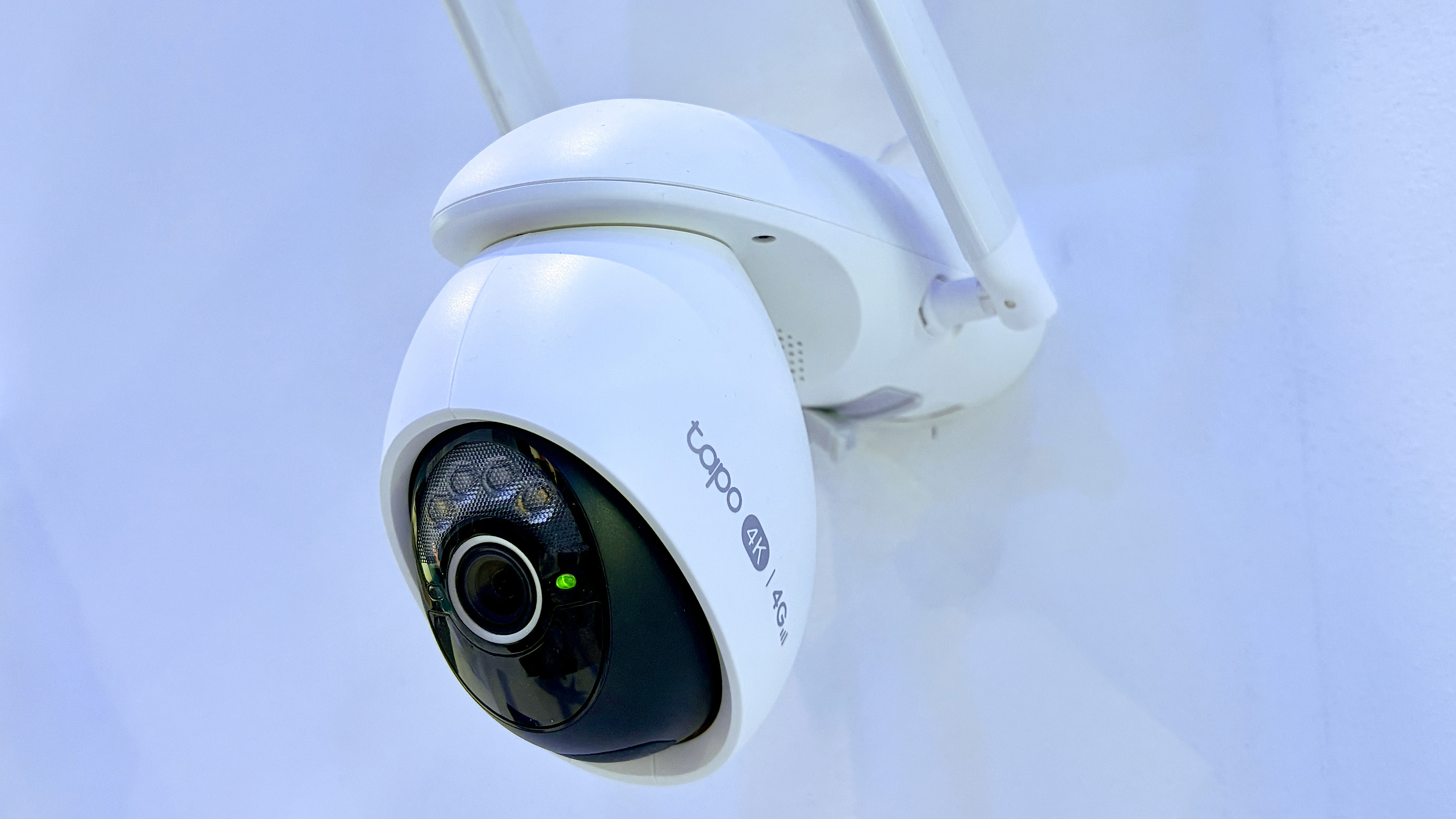 Close-up of the new TP-Link Tapo C665G smart security camera with connected solar panel at MWC 2026 in Barcelona Spain