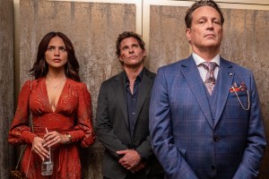 (L-R) Eiza González as Alice, James Marsden as Mike and Vince Vaughn as Nick in 20th Century Studios' MIKE & NICK & NICK & ALICE. Photo by Heather Beckstead. © 2026 20th Century Studios.  All Rights Reserved.