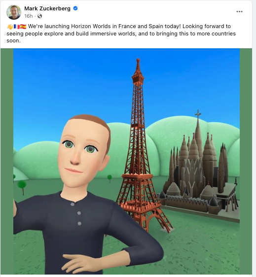 Screenshot of Facebook post by Meta CEO Mark Zuckerberg showign digital avatar in Horizon Worlds VR game