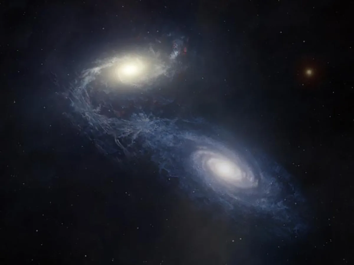Artist’s impression of spiral galaxy NGC 1365 colliding with a smaller galaxy. Credit: Melissa Weiss/CfA