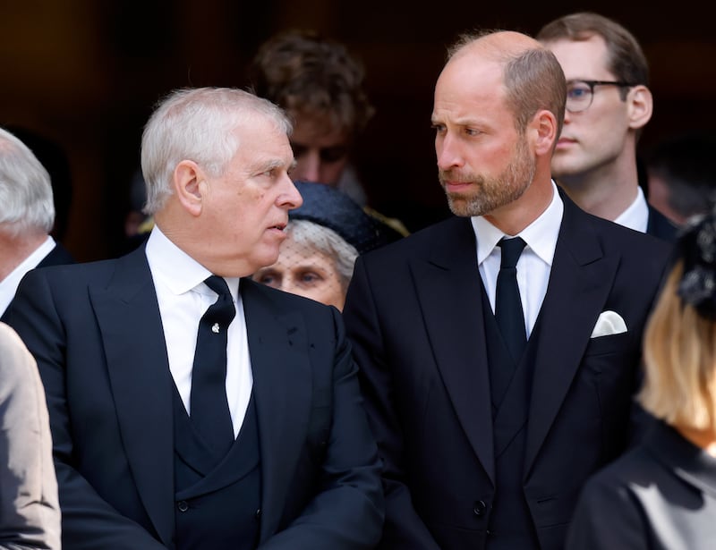 Prince Andrew, Duke of York, and Prince William, Prince of Wales, attend Katharine, Duchess of Kent's Requiem Mass service at Westminster Cathedral on September 16, 2025 in London, England.
