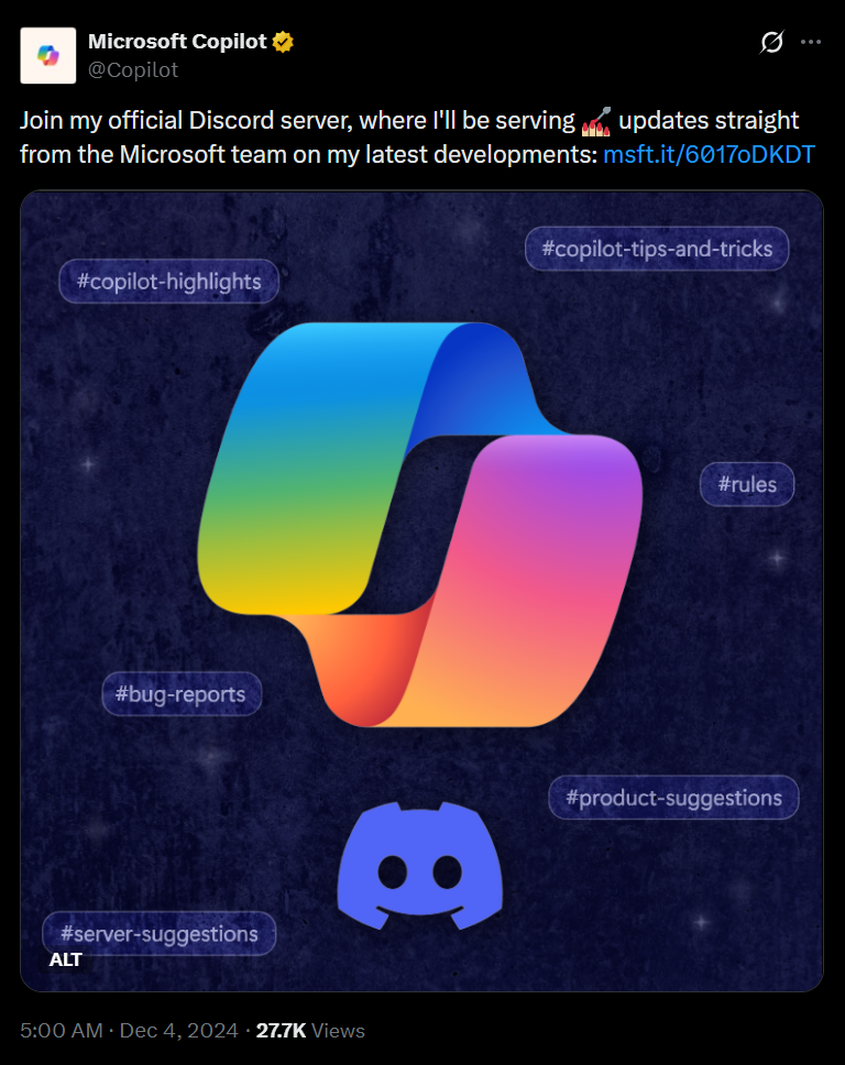Official Copilot X account inviting users to join the Discord server back in December 2024
