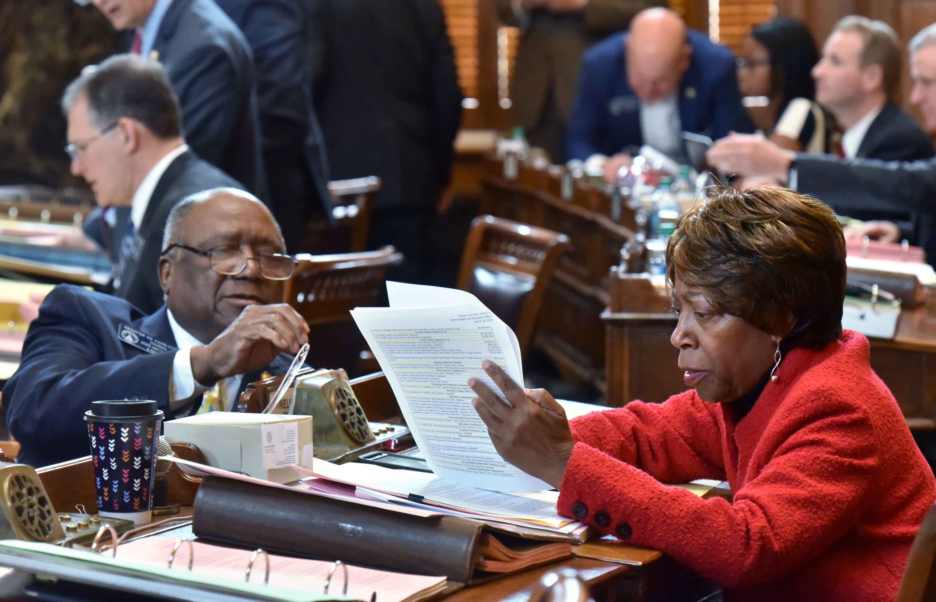 State Sen. Freddie Powell Sims (right) at the Capitol last April. (Hyosub Shin/AJC)
