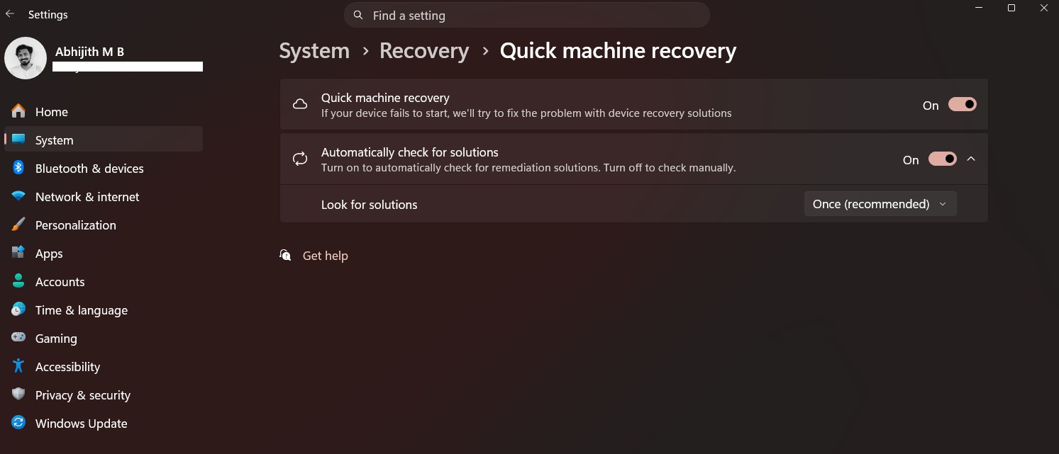 Quick Machine Recovery in Windows 11 Build 26200.8037
