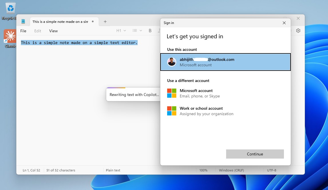 Rewriting text with Copilot in Notepad