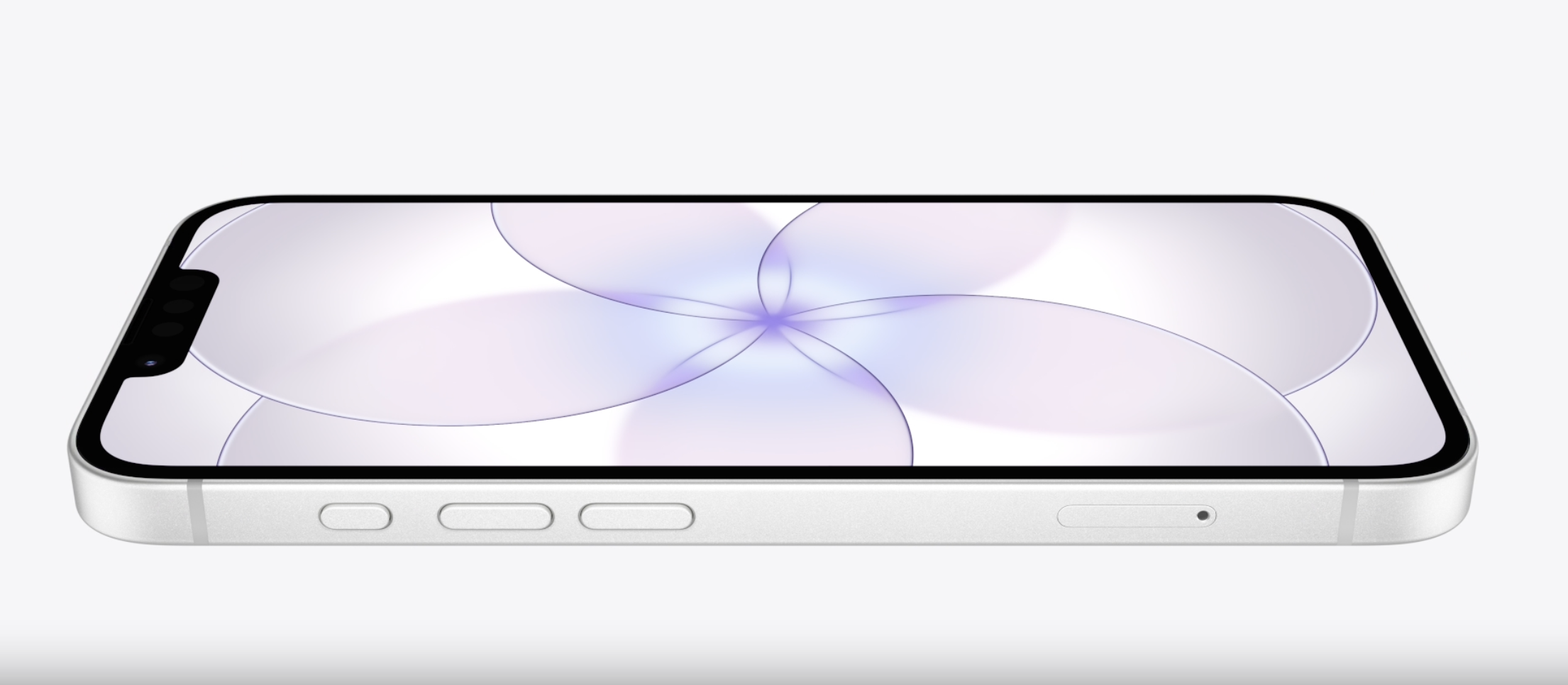 A low-profile horizontal view of a white iPhone 17e display showing the classic top notch and a floral-patterned wallpaper.