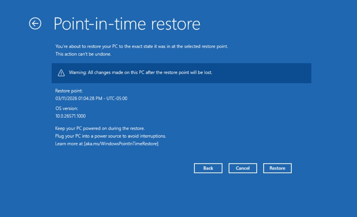 WinRE Point-in-time Restore experience