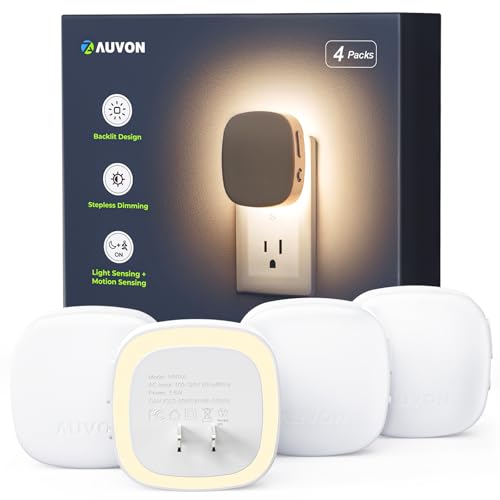 Auvon Plug-In Led Backlit Night Light With Motion Sensor &amp; Dusk to Dawn Sensor, Dimmable Warm White Nightlight With 1-50 Lm Adjustable Brightness for Bedroom, Bathroom, Stairs, Hallway (4 Pack)