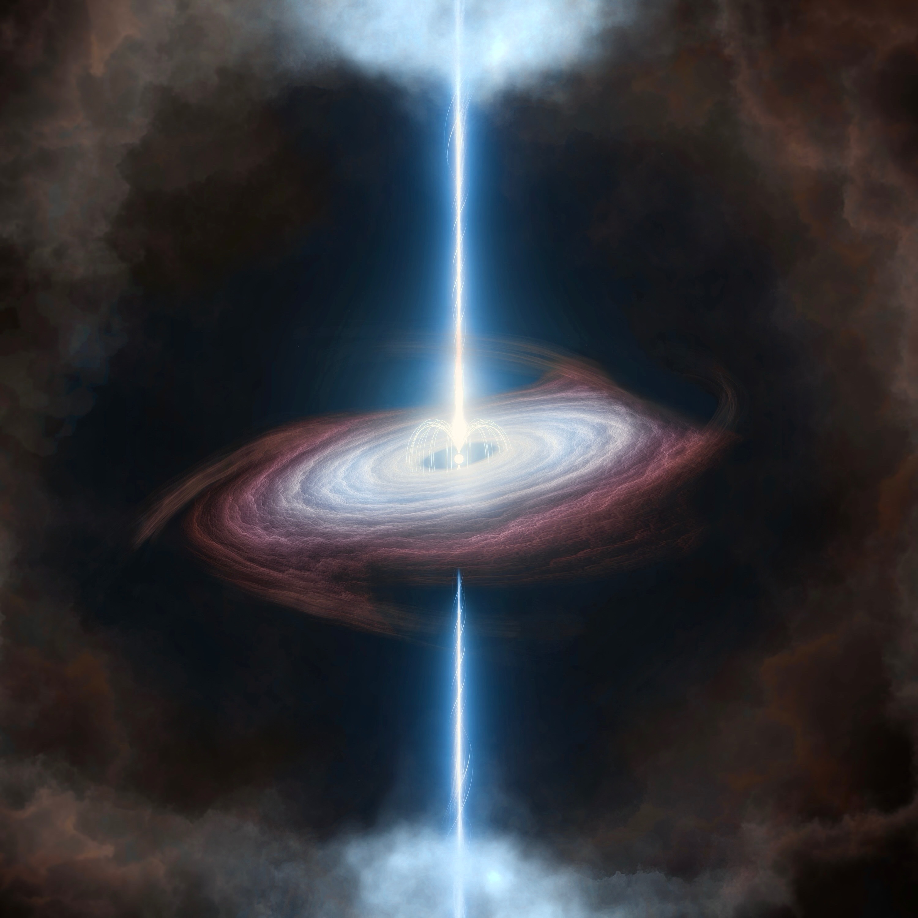 A bright blue disk with jets bursting from its poles