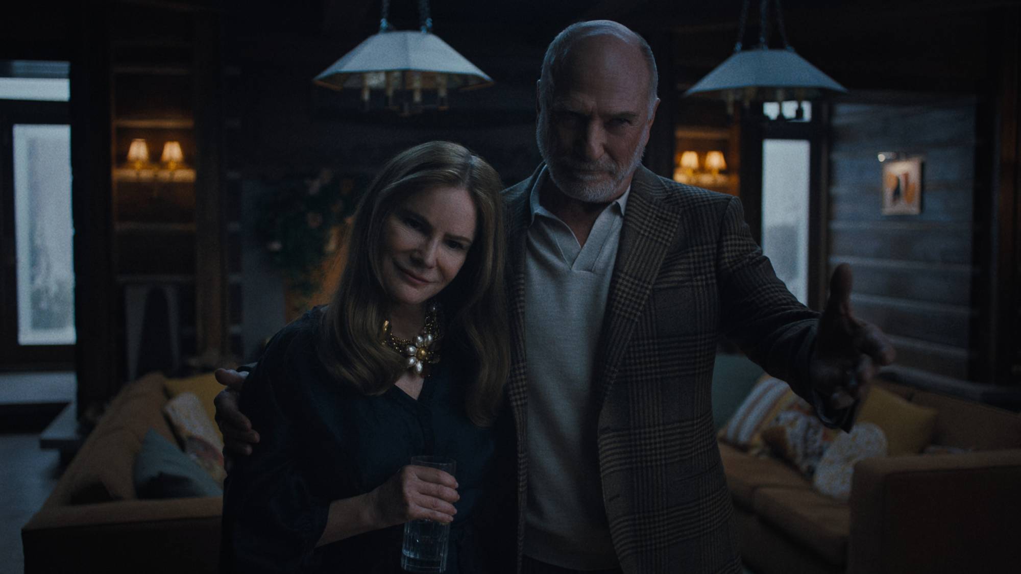 (L-R) Jennifer Jason Leigh as Victoria and Ted Levine as Boris in "Something Very Bad Is Going To Happen"