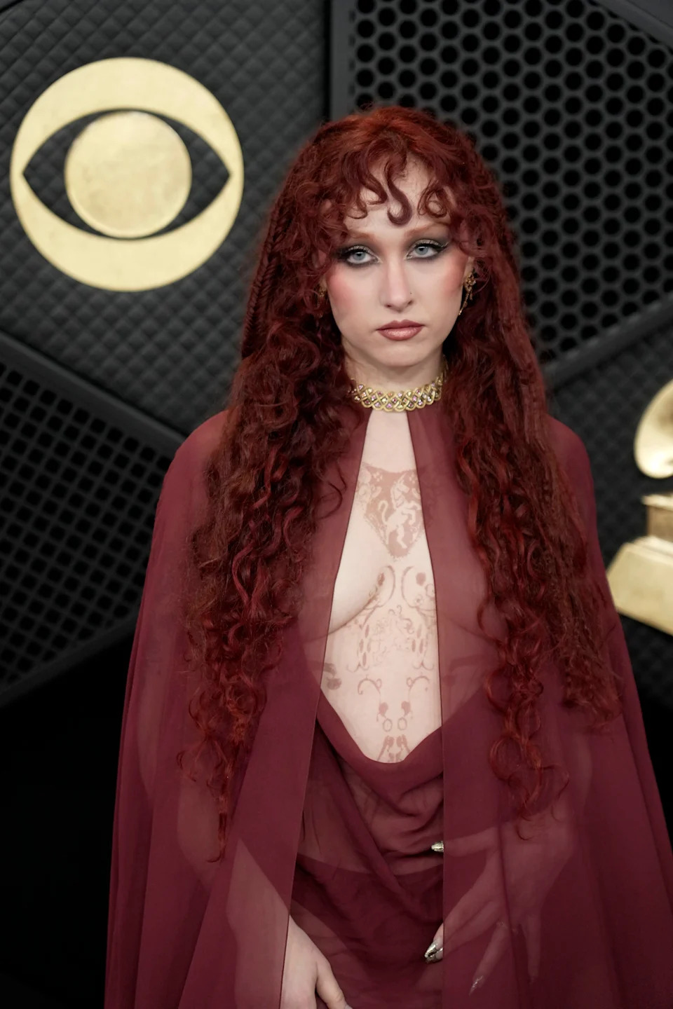 Person wearing a sheer, flowing outfit with intricate patterns stands on a black backdrop with gold accents, exuding a vintage-inspired elegance