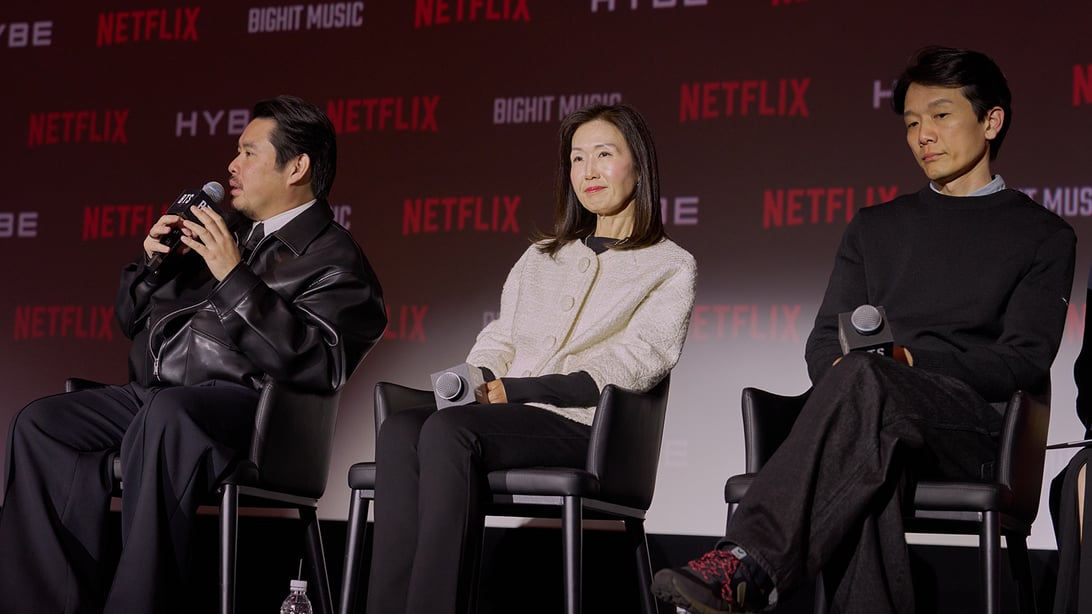 Bao Nguyen, Jane Cha Cutler, Namjo Kim at the BTS: The Return press conference in Seoul on March 20