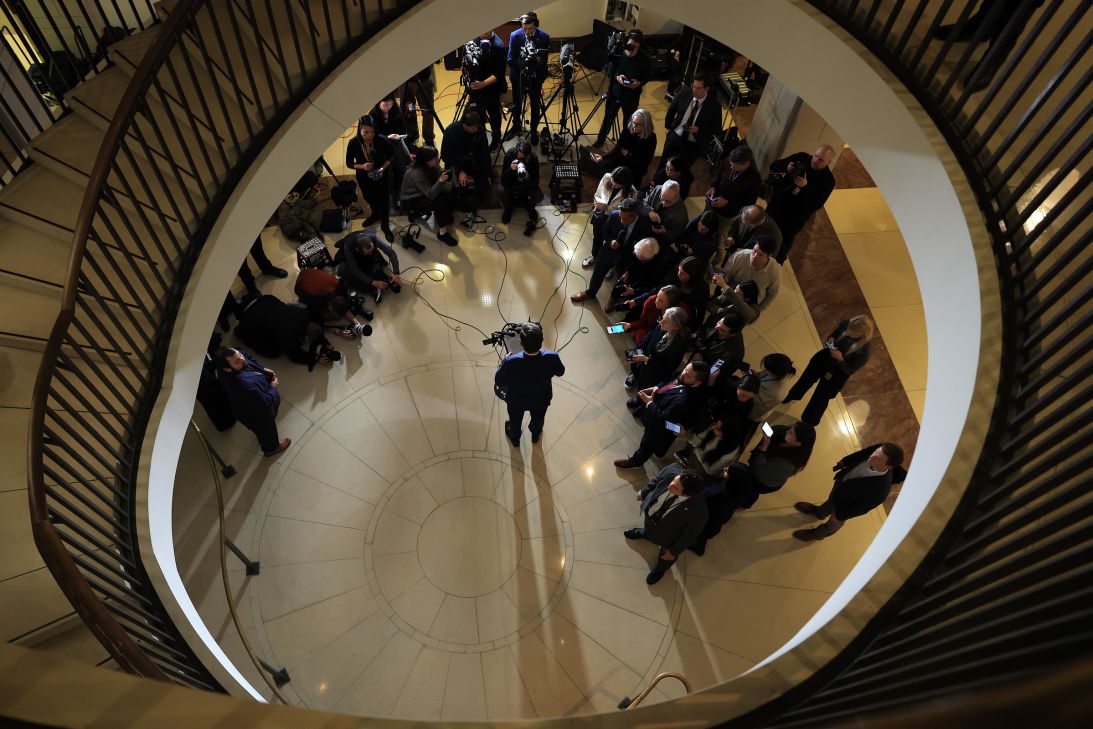 Speaker Mike Johnson speaks to the media at the US Capitol on January 5.