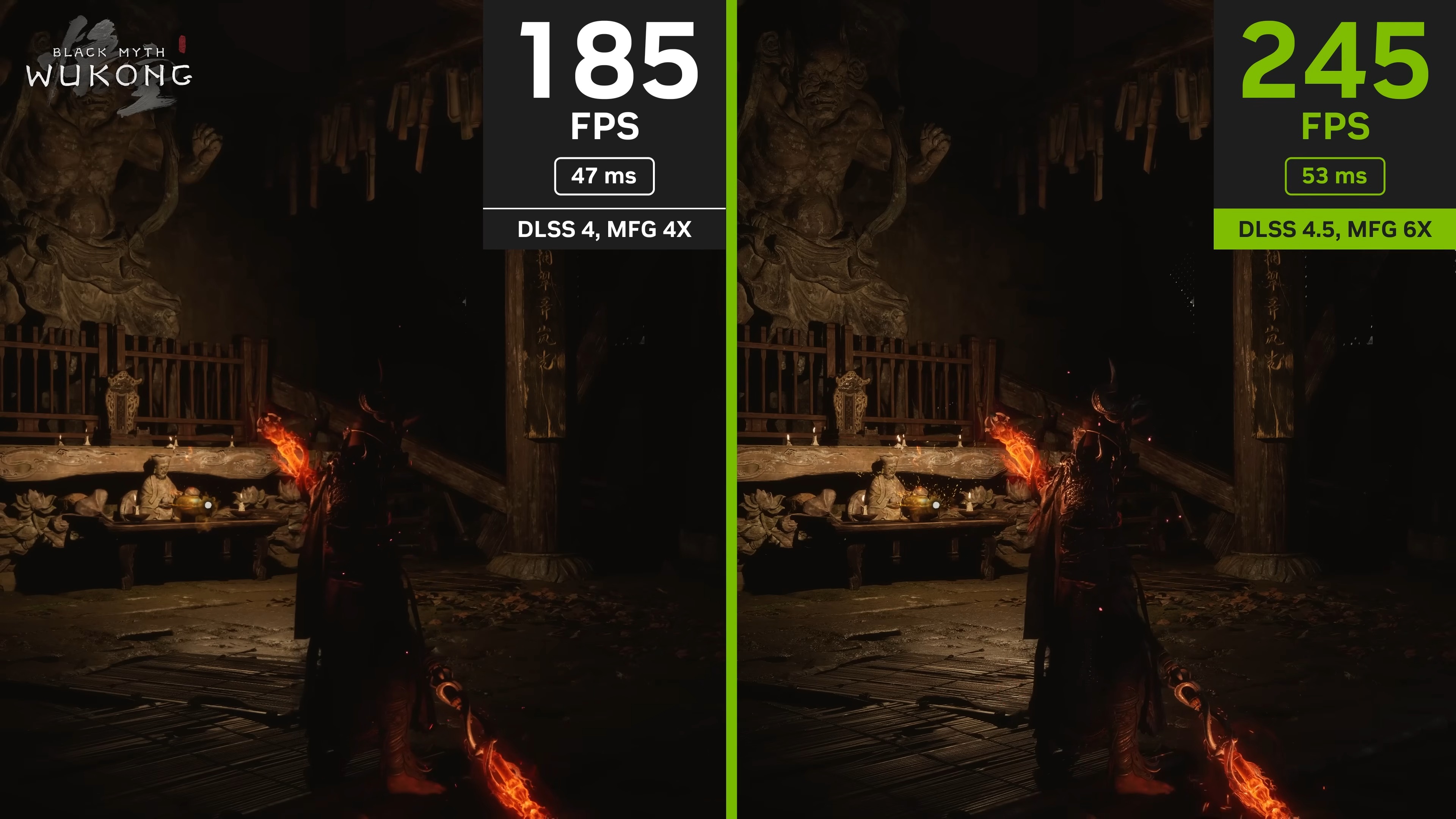 A Black Myth Wukong comparison showing increased frame rates and latency