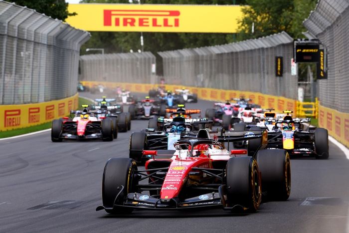 Charles Leclerc, Ferrari, George Russell, Mercedes, Isack Hadjar, Red Bull Racing