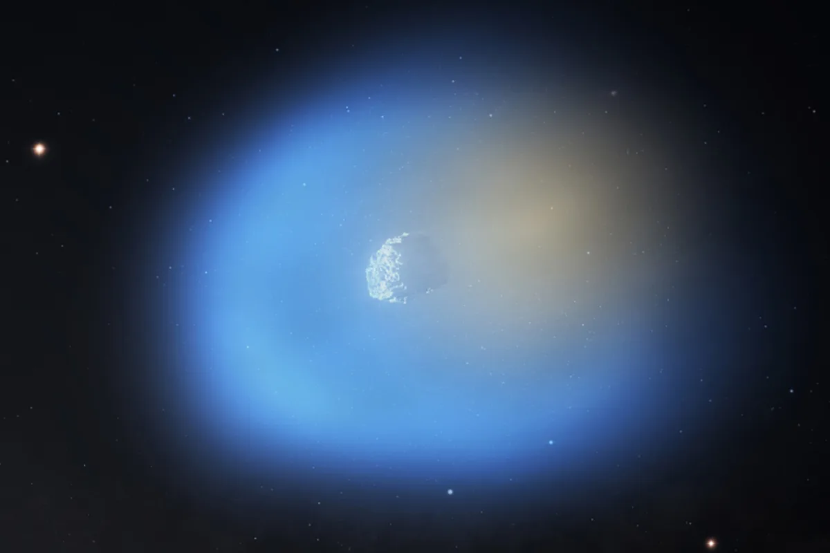 Artist's impression of 3I/ATLAS passing near the Sun. Methanol gas is shown in blue; hydrogen cyanide is shown in orange. Credit: NSF/AUI/NSF NRAO/M.Weiss