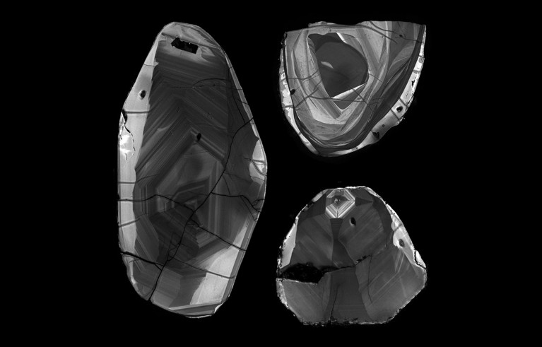 Cathodoluminescence images of Jack Hills zircons.