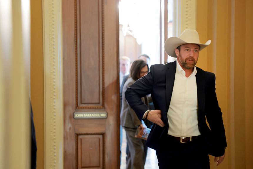 Sen. Markwayne Mullin arrives to the weekly Senate Republican policy luncheon at the US Capitol on January 28, 2026.