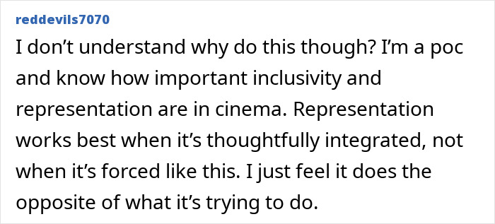 User comment discussing importance of thoughtful inclusivity and representation after HBO Harry Potter series trailer race change controversy.