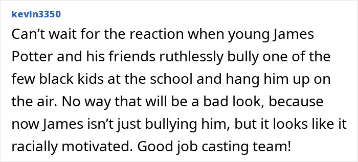 Fan comment criticizing HBO Harry Potter series trailer over race change of a character, expressing anger and concern.