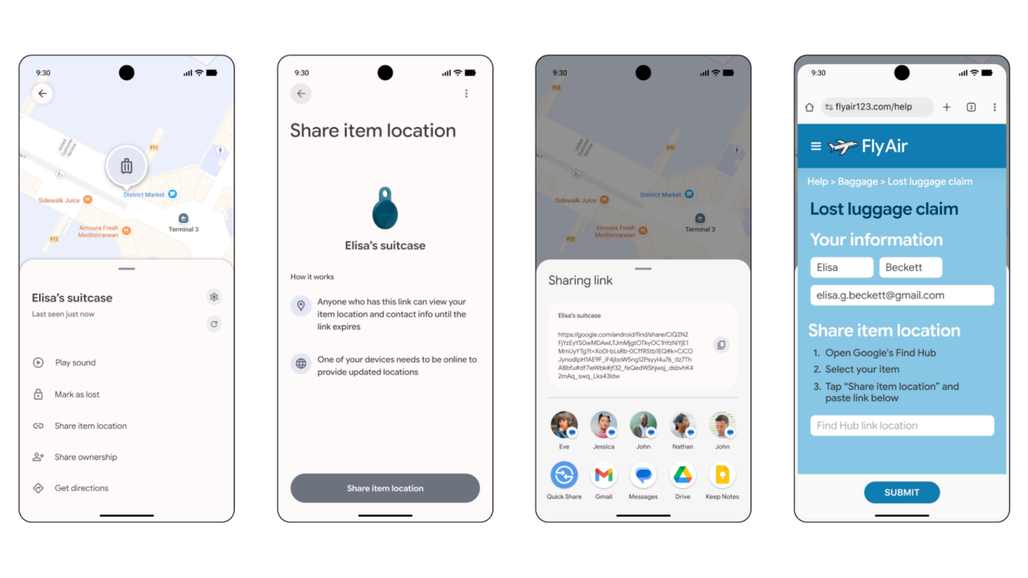 Four illustrations showing Android's tracked item sharing with airlines.