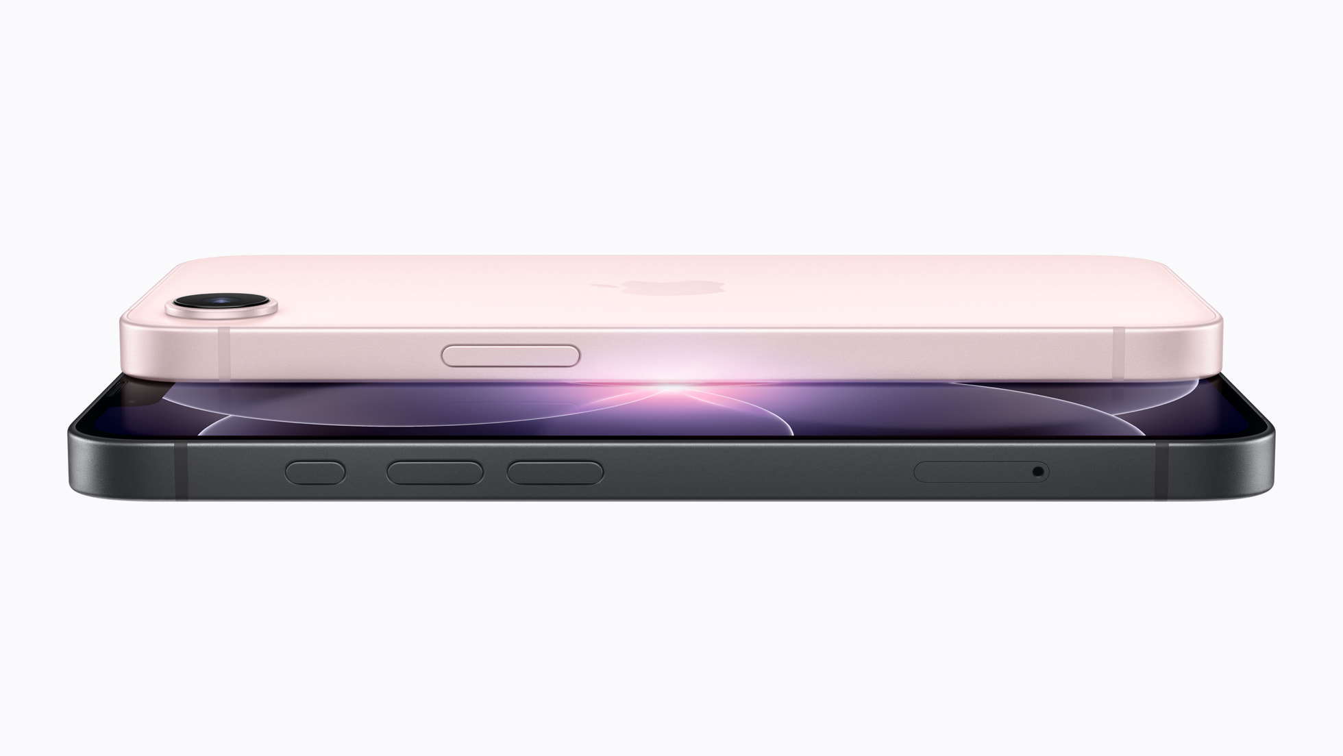 A side-angle view shows a pink iPhone 17e stacked on top of a black model, highlighting the slim profile, physical buttons, and a single rear camera lens.