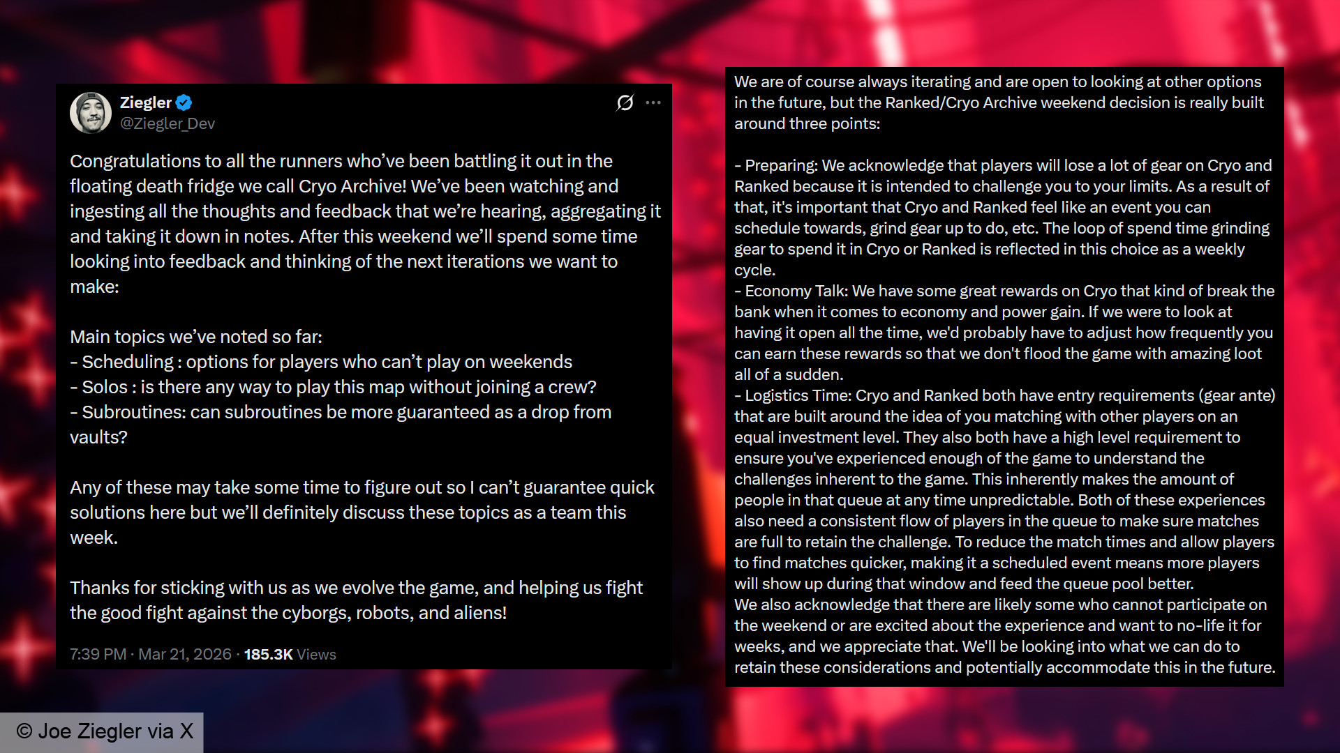 marathon-cryo-archive-feedback-joe-ziegler-weekend-schedule Marathon game director Joe Ziegler via X: