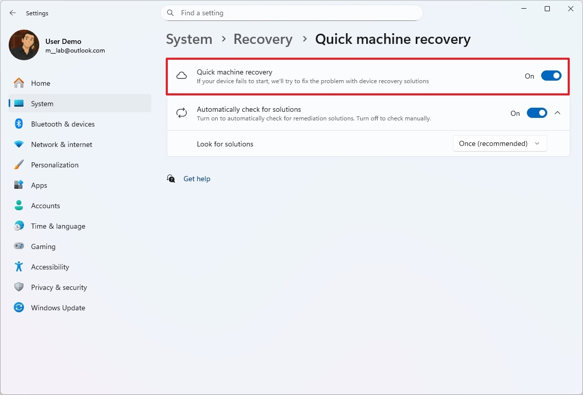 Quick Machine Recovery settings