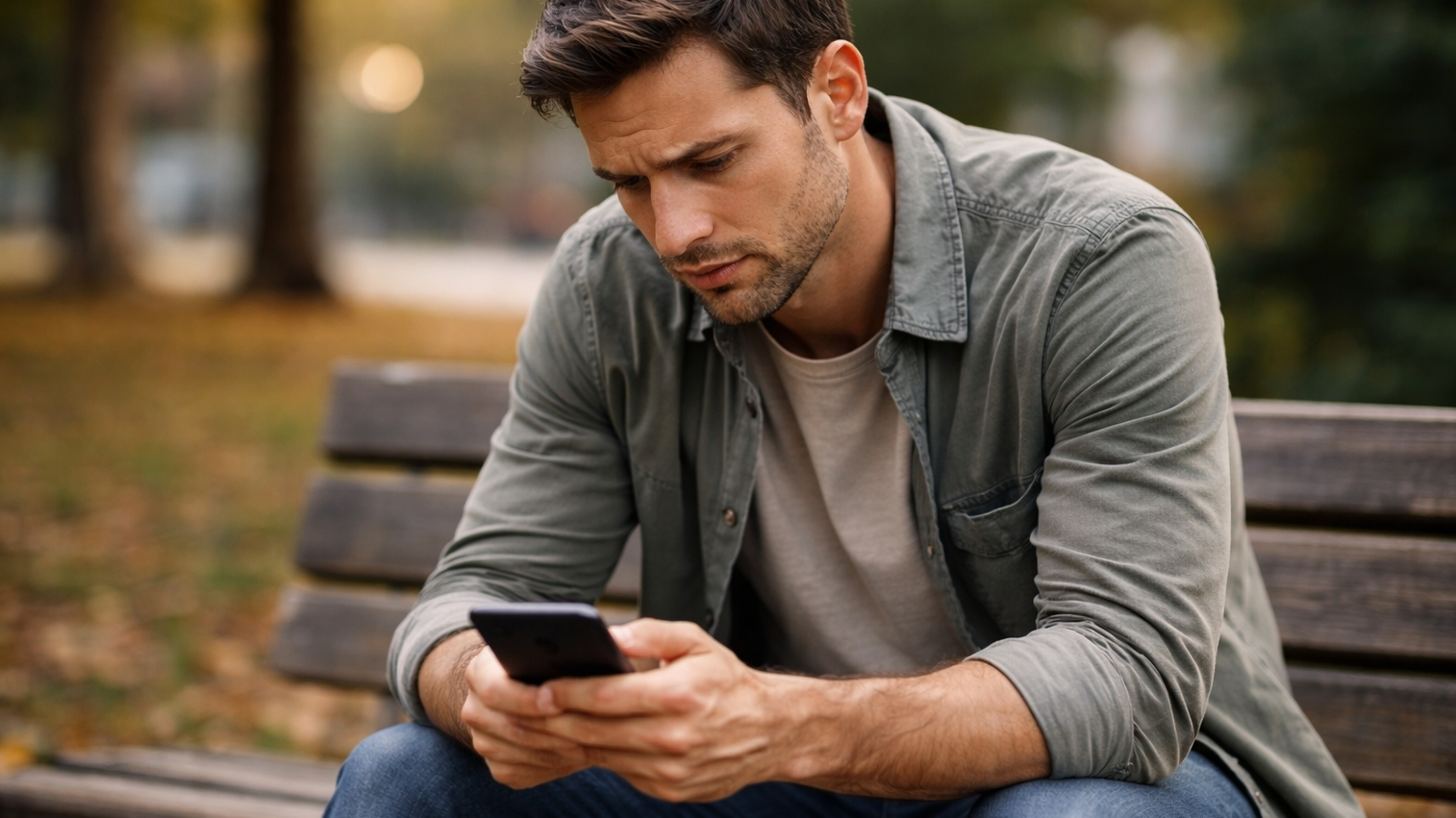 man texting on bench